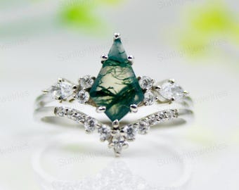 Moss Agate Kite Cut Ring Set: Sterling Silver Bridal Jewelry