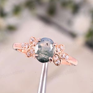Floral Moss Agate Engagement Ring: Rose Gold Sterling Silver