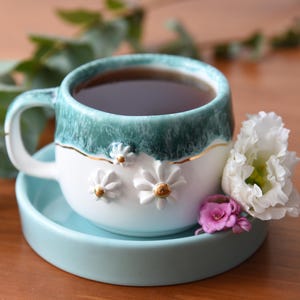 Handmade Ceramic coffee cup and saucer blue 3D flower pottery mothersday kitchenware mug with daisy floral gift for her bundle housewarming