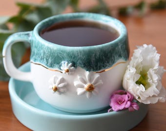 Handmade Ceramic coffee cup and saucer blue 3D flower pottery mothersday kitchenware mug with daisy floral gift for her bundle housewarming