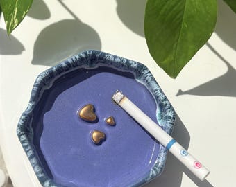 Handmade Ceramic Ashtray with Gold Hearts: Sage Green Blue Drip Glaze Trinket Dish