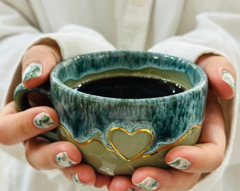 handmade heart ceramic mug gift set valentines pottery mug stoneware aesthetic mug pink green blue housewarming  pottery idea