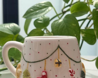 Handmade ceramic Christmas holiday gift ginger bread snow dots stoneware cozy holiday decor Christmas tree  candy cone garland string light