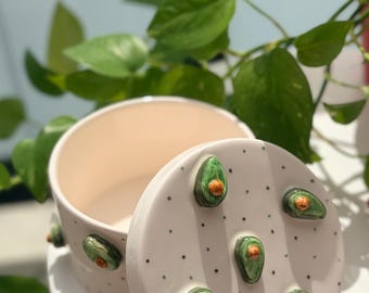 Handmade Ceramic Avocado Storage Jar: Green Dotted Pottery Organizer (700ml)