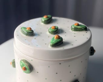 Handmade ceramic storage Avocado kitchen gift organizer Green fruity spices jar Pottery makeup desk jewellery jar Cute handmade Cookie box