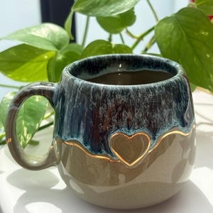 Handmade ceramic mug with gold accent heart pottery coffee cup gift for her christmas present valentines day gift idea unique handcrafted