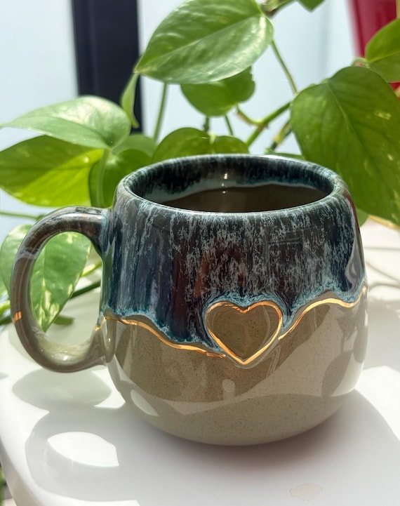 Handmade ceramic mug with gold accent heart pottery coffee cup gift for her christmas present valentines day gift idea unique handcrafted
