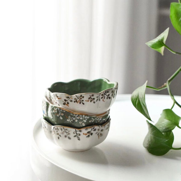 Set of 2 Green White Bowl, Spring Bowl, Handmade Bowl, Flowers Bowl, small bowl, ramekin, new home gift, Birthday gift,  pottery stoneware