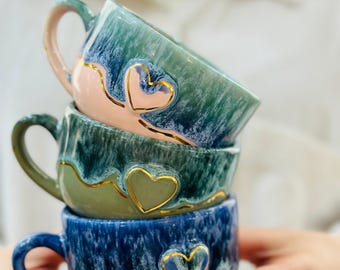 Handmade Ceramic Mug Set Bundle Gift Valentine Day Housewarming Present Christmas Stocking Stuffer Idea Unique Heart Shaped Design Pink Tea