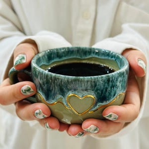handmade heart ceramic mug gift set valentines pottery mug stoneware aesthetic mug pink green blue housewarming  pottery idea