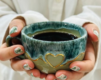 Handmade Ceramic Mug Set Bundle Gift Valentine Day Housewarming Present Christmas Stocking Stuffer Idea Unique Heart Shaped Design Pink Tea