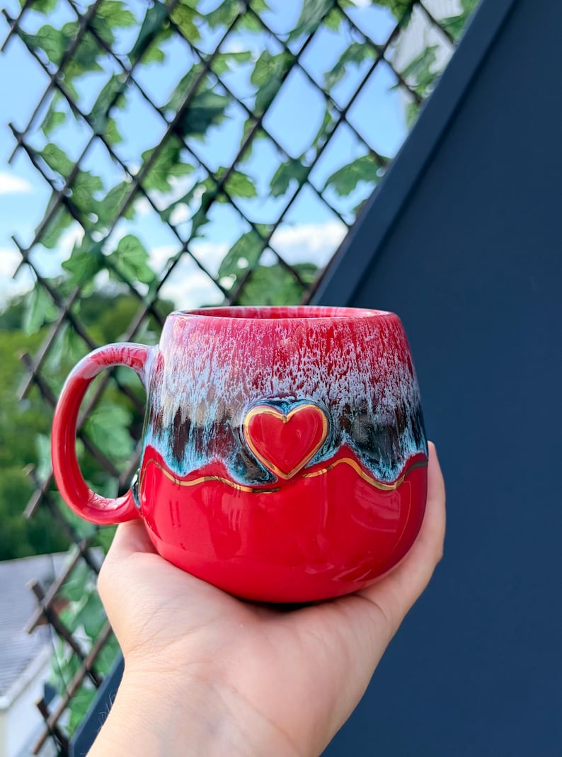Handmade ceramic mug with gold accent heart pottery coffee cup gift for her christmas present valentines day gift idea unique handcrafted image 3