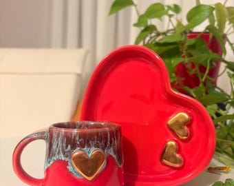 Handmade Ceramic Mug Set Bundle Gift Valentine Day Housewarming Present Christmas Stocking Stuffer Idea Unique Heart Shaped Design Red Tea
