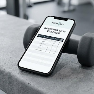 May include: A smartphone displaying a "Beginner Gym Tracker" app rests on a gray surface next to a 10 lb dumbbell. The app interface shows exercise details. The background is a gym setting.
