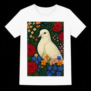 Peaceful Dove Shirt Rustic Woodland Bird Tee with Botanical folk Art White Dove Illustration Nature Aesthetic Flower and Wildlife Lover Gift