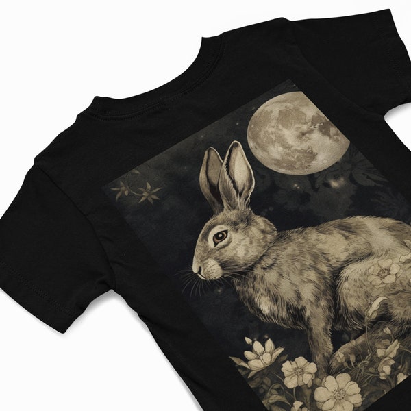 Camiseta Vintage Rabbit Moon - Camisetas Bunny Rabbit - Camiseta Cottagecore - Regalo amante del conejo - Linda camiseta floral animal - Camiseta del bosque