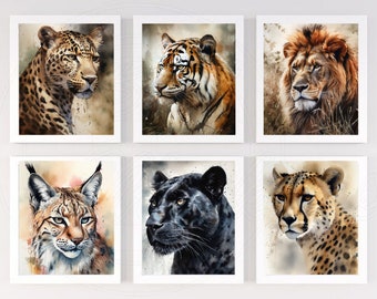 Big Cat Art Print, Set of 6 or Set or 12 Art Prints, Wildlife animal Prints Psychical Prints, Cat prints from around the world, Cat Lover