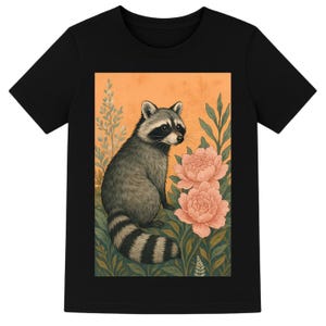 May include: Black t-shirt featuring a raccoon illustration. The raccoon is gray and white, sitting among pink flowers and green foliage against an orange background. The design is printed on the front of the shirt.
