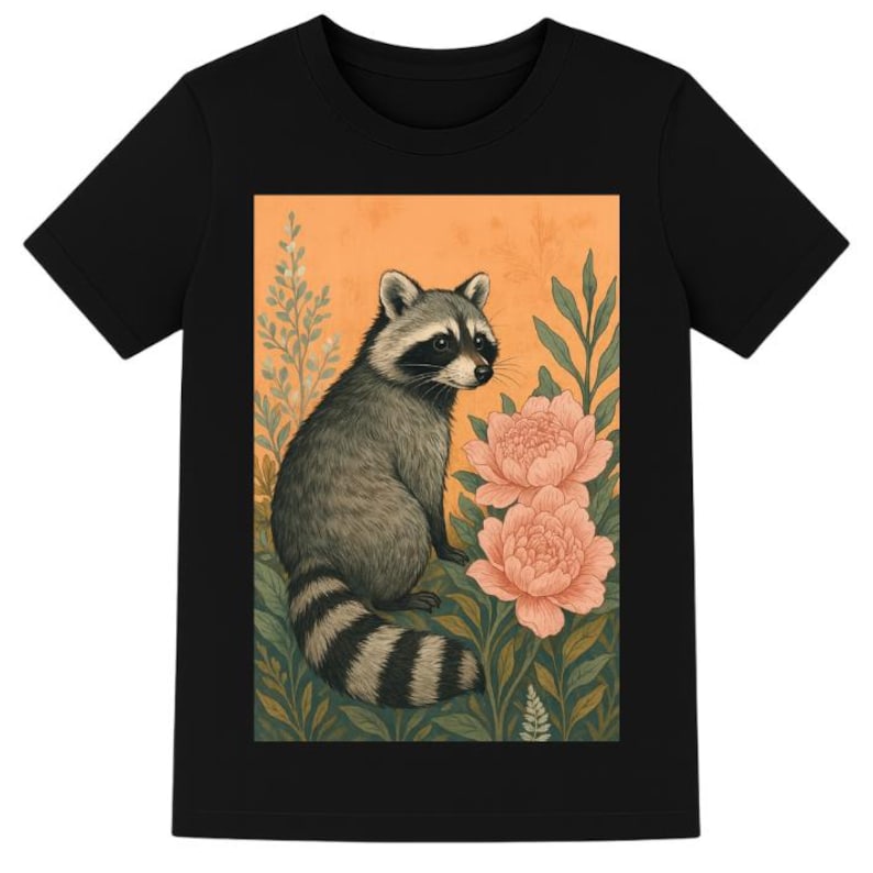 May include: Black t-shirt featuring a raccoon illustration. The raccoon is gray and white, sitting among pink flowers and green foliage against an orange background. The design is printed on the front of the shirt.