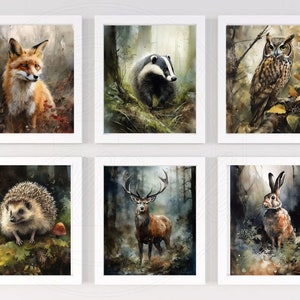Woodland Animals Art Print, Set of 6 Physical Prints, Woodland animals, Forest Animal prints, British Woodland Animal art prints,