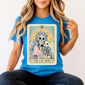 Boho gepersonaliseerde kat moeder shirt pastel gotische skelet kat Tee Spooky vibe shirt aangepaste ontwerp Witchy shirt leuk Halloween thema cadeau