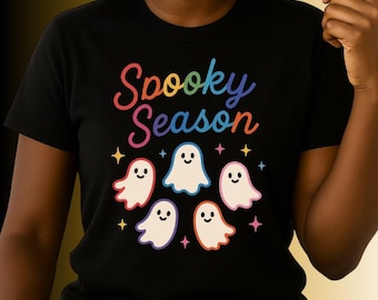 Spooky Season Shirt Cute Rainbow Ghost Halloween Tee Colorful Retro Fall T-Shirt Fun October Outfit, Trick or Treat Party top Gift for her