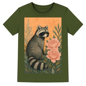 May include: Olive green t-shirt featuring a raccoon illustration. The raccoon is depicted with a black mask and striped tail, sitting among pink flowers and green foliage against an orange background. The shirt is a crew neck.