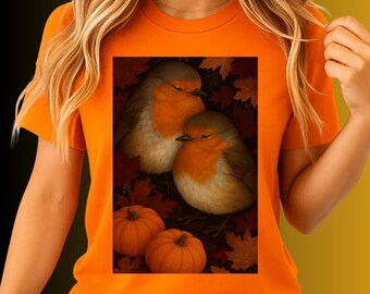 Robin Bird Autumn Shirt Fall Nature Tee | Cozy Outdoor Wildlife Top | Pumpkin Patch Forest T-Shirt for Hikers | Rustic Halloween Gift