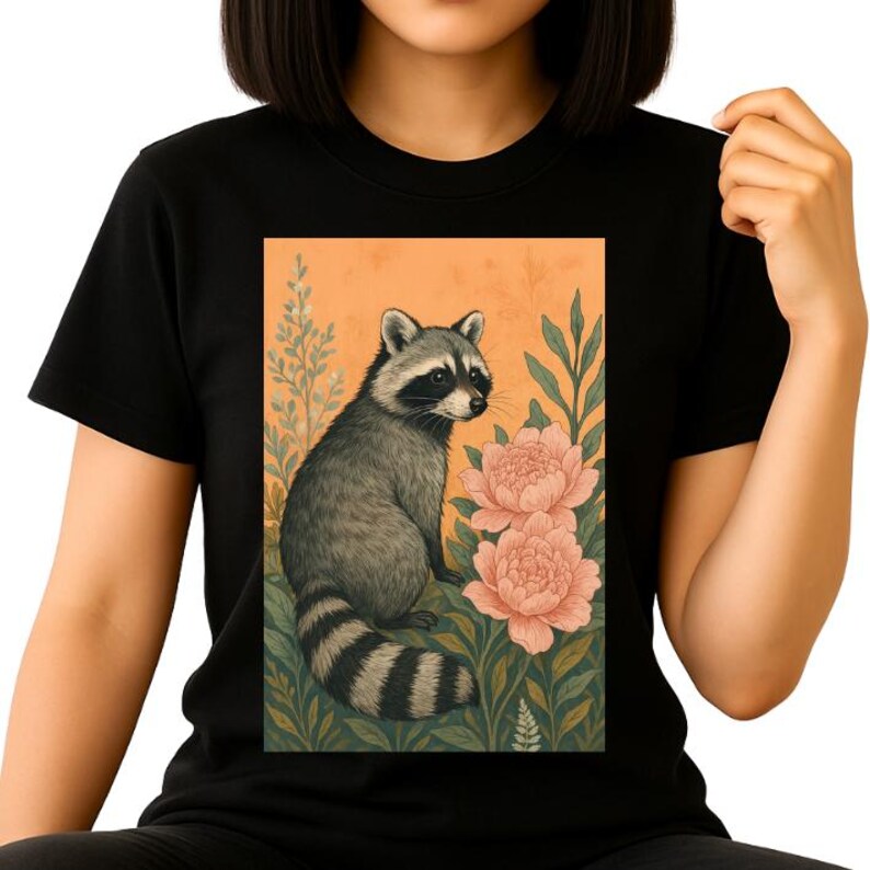 May include: Black t-shirt featuring a raccoon illustration. The raccoon is depicted in shades of gray and black, sitting amidst pink flowers and green foliage against an orange background. The design is printed on a black t-shirt.