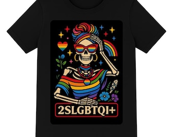 2SLGBTQI+ Pride Skeleton T Shirt – Rainbow Gothic Graphic Tee – Colorful LGBTQ Halloween Top – Queer Alternative Fashion Gift