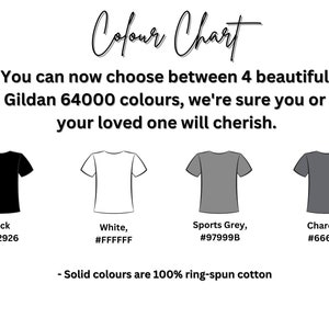 May include: Color chart for Gildan 64000 t-shirts showing four different colors: black, white, sports grey, and charcoal. Each color is represented by a t-shirt illustration and a hex code.