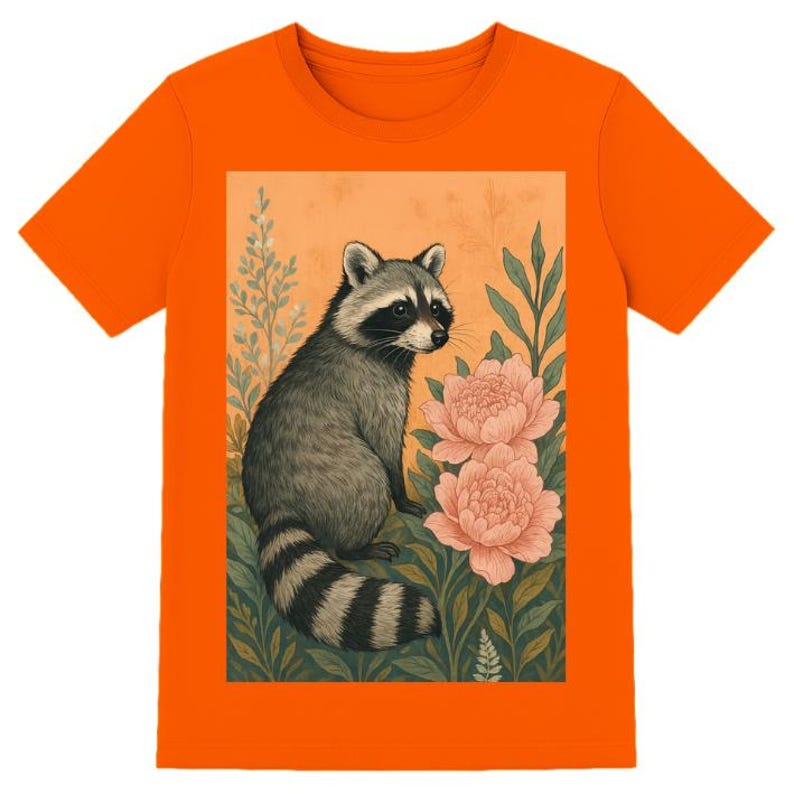 May include: Orange t-shirt featuring a raccoon illustration. The raccoon is depicted with gray fur, a striped tail, and a black mask, surrounded by pink flowers and green foliage. The design is set against a peach-colored background.