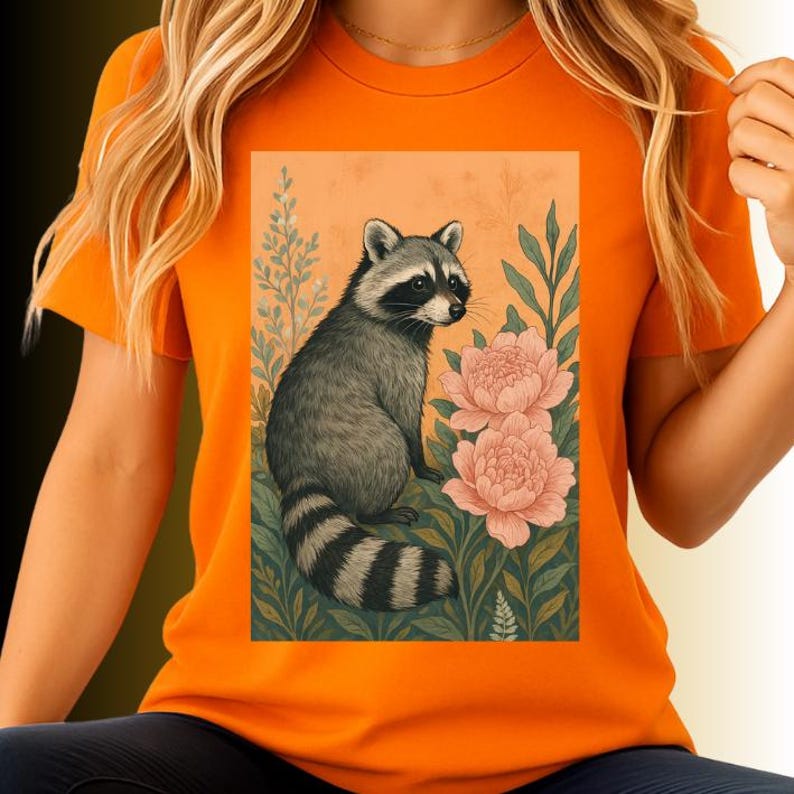 May include: Orange t-shirt featuring a raccoon illustration. The raccoon is depicted in gray and black, surrounded by pink peonies and green foliage against a peach background. The design is printed on a short-sleeved orange tee.