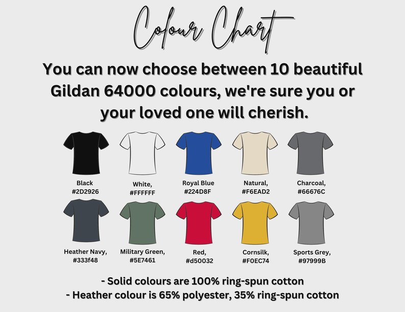 May include: A color chart displays 10 Gildan 64000 t-shirt colors, including black, white, royal blue, natural, charcoal, heather navy, military green, red, cornsilk, and sports grey. Solid colors are 100% ring-spun cotton.