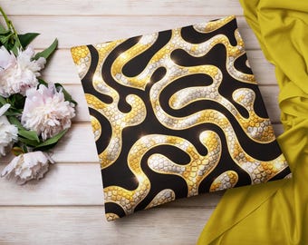 スネークスキンクッションカバー、アニマルプリント枕カバー、高級スネーク柄スロークッション、大胆なホームデコレーション、ブラック＆イエローの枕