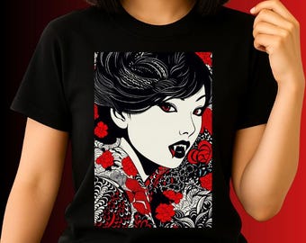 Asian Vampire Tee Gothic Halloween Tee Dark Asian Vampire Art Shirt Floral Fall Red Roses Vamp Girl Tee Spooky Cute Alternative Fashion gift