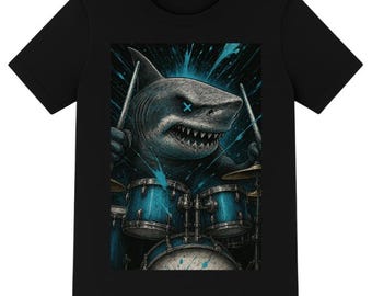 Shark Drummer T-Shirt, X-Eyes Punk Art Tee, Rock Wildlife Graphic Shirt for Men, Edgy Grunge Animal Music Top, Drummer Gift Tee