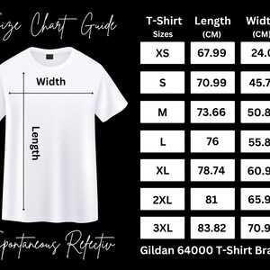May include: Size chart guide for Gildan 64000 T-Shirt Brand. The chart shows the length and width in centimeters for sizes XS to 3XL.