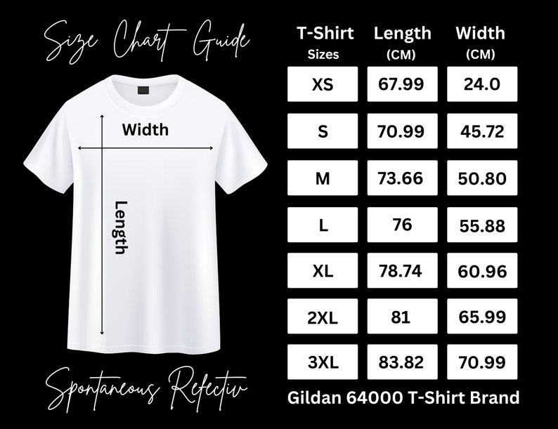 May include: Size chart guide for Gildan 64000 T-Shirt Brand. The chart shows the length and width in centimeters for sizes XS to 3XL.