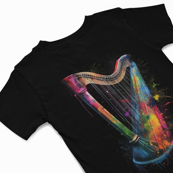 T-shirt harpe - T-shirts graffitis colorés - Chemise graphique instrument de musique - T-shirt musique - Cadeau musique - T-shirt harpiste original