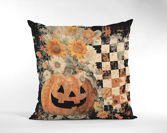 Rustic Pumpkin Pillow, Fall Sunflower Cushion, Halloween Farmhouse Decor, Vintage Autumn Jack O’Lantern Throw Pillow