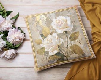 White Rose Cushion Cover, Elegant Floral Pillow Case, Vintage Botanical Home Decor, Romantic Rose Cushion, Neutral Living Room Decor