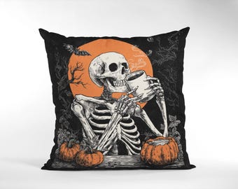Halloween Skeleton Pillow, Gothic Coffee Cushion, Spooky Pumpkin Decor, Fall Skeleton Art Throw Pillow halloween home decor funny coffee