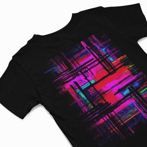 Neon Pink Retro T-Shirt, Abstract Shapes Shirt, Neon Pink and black tee, Groovy Shirt, Summer festival gift Tee, Rave shirt, lovers of Pink