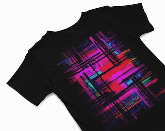 Neon Pink Retro T-Shirt, Abstract Shapes Shirt, Neon Pink and black tee, Groovy Shirt, Summer festival gift Tee, Rave shirt, lovers of Pink