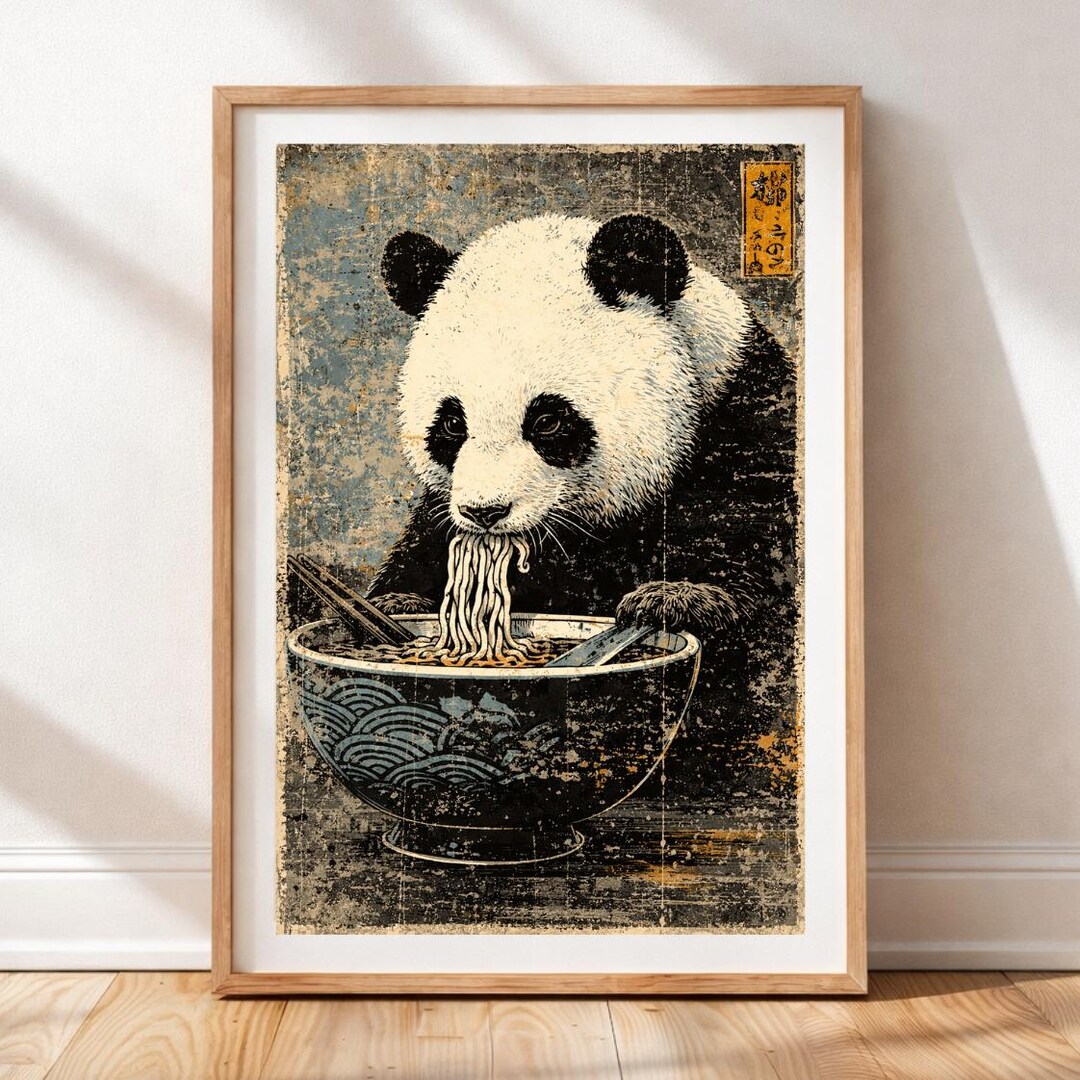 Panda Ramen Wall Art Print, Japanese Kitchen Decor, Cute Panda Eating ...