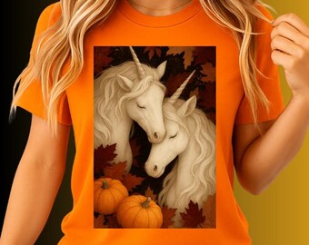 Unicorn T Shirt Autumn vibe tee Fall top for women gift Fantasy aesthetic Tee Cozy Magical Top Fall Pumpkin Patch Shirt Mythical Wiccan Tee
