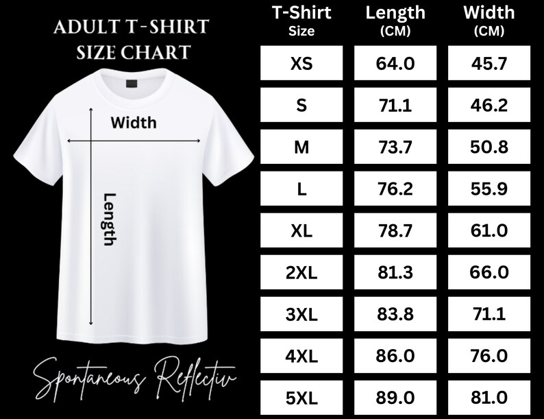 Puede incluir: Tabla de tallas de camiseta para adultos con medidas en cent&iacute;metros. La tabla muestra la talla, la longitud y el ancho de la camiseta en cent&iacute;metros.