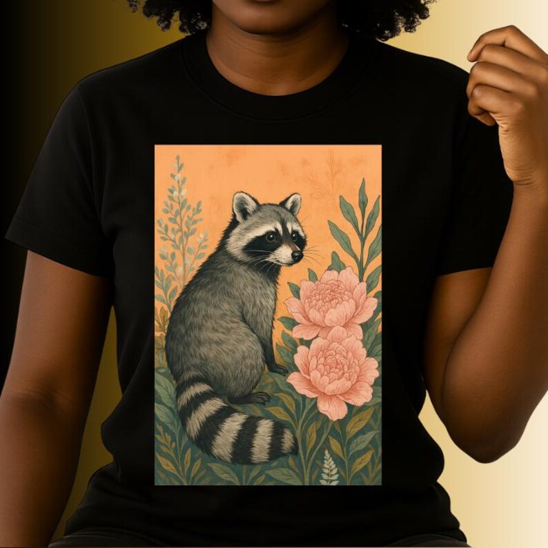 May include: Black t-shirt featuring a raccoon illustration. The raccoon is depicted with gray fur, a striped tail, and a black mask, surrounded by pink peonies and green foliage against an orange background. The design is printed on a black t-shirt.