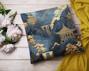 Mountain waterfall Pagoda Pillow, Asian Landscape Cushion, Blue and Gold Oriental Decor, Zen Temple Throw Pillow, Chinoiserie Home Accent